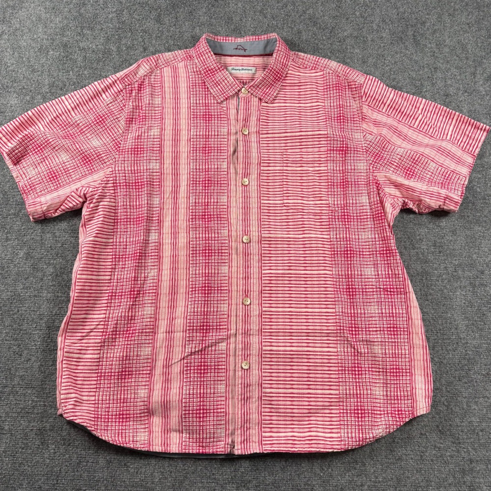 Tommy Bahama Button Up Shirt Mens XXL Pink Silk Striped Short Sleeve Casual